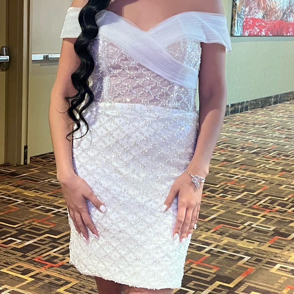 Terani Couture White Ruched One Shoulder Sheath Dress